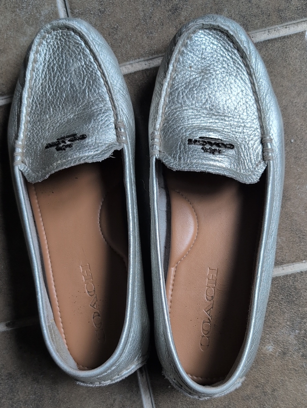 Coach Metallic Silver Pebbled Leather Loafers